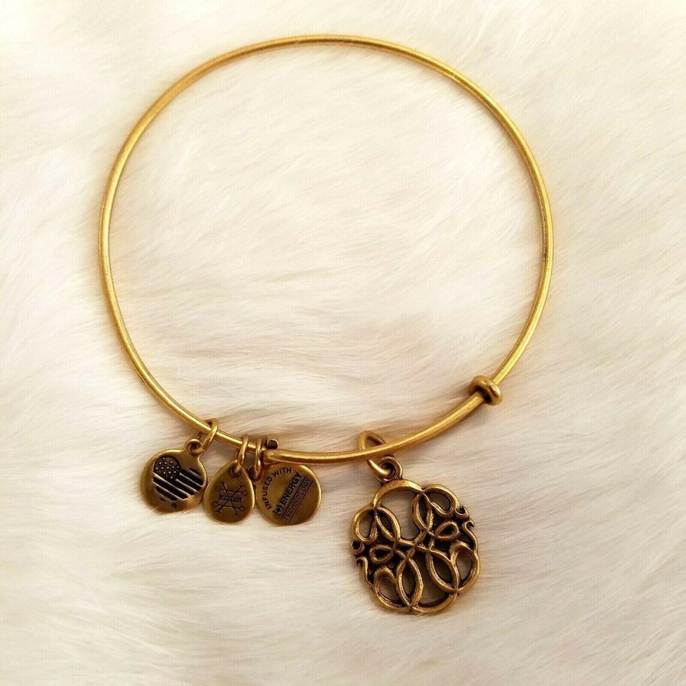 Alex and Ani Bangle Bracelet Gold Tone Charms‎ Adjustable Scroll Work Heart 2232